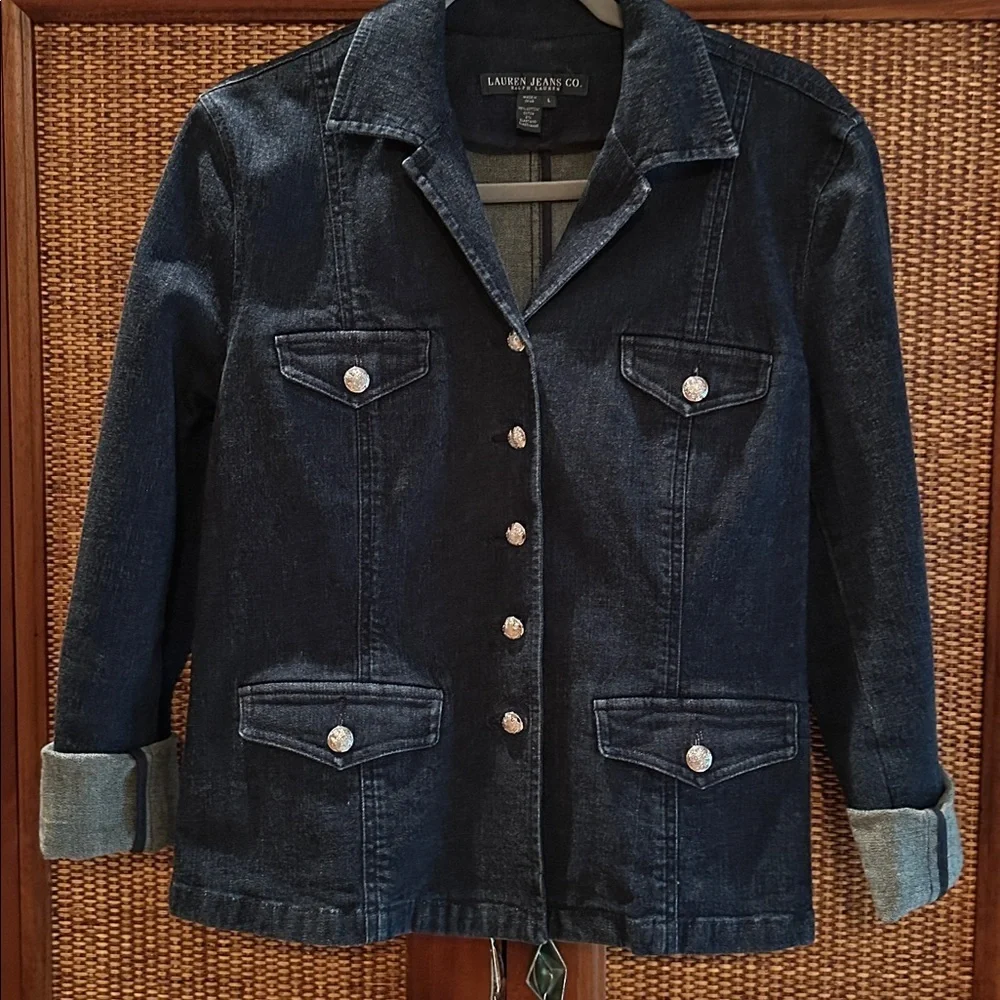 Lauren Jeans Co Ralph Lauren Jacket Denim Dark Wash Silver Buttons SzL - Picture 4 of 7